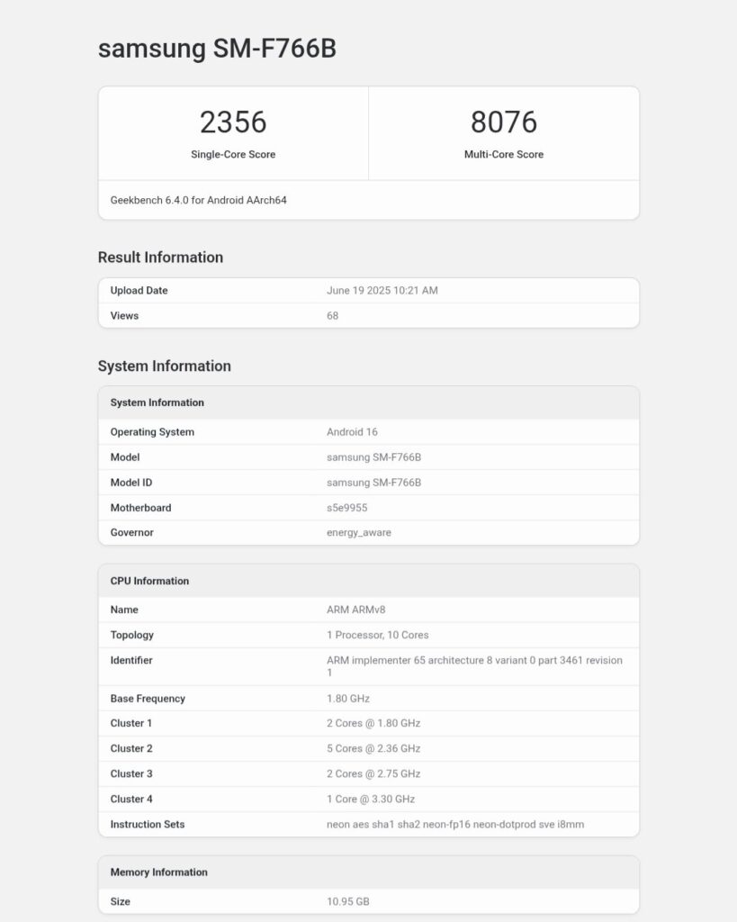 Galaxy Z Flip7 Geekbench